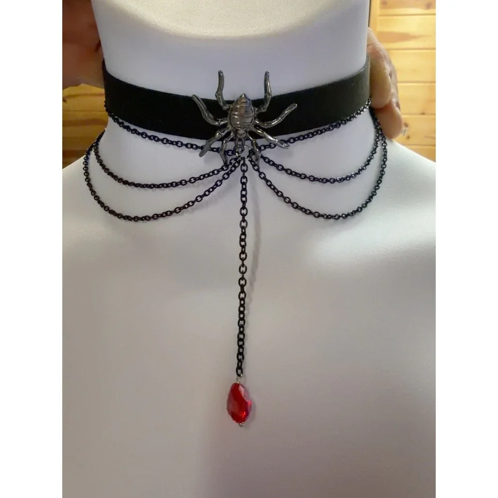 Gothic Spider Choker Necklace Black Chains Red Teardrop Halloween 13